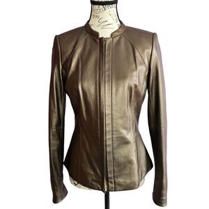 Lafayette 148 New York genuine leather brown full zip jacket blazer Sz4